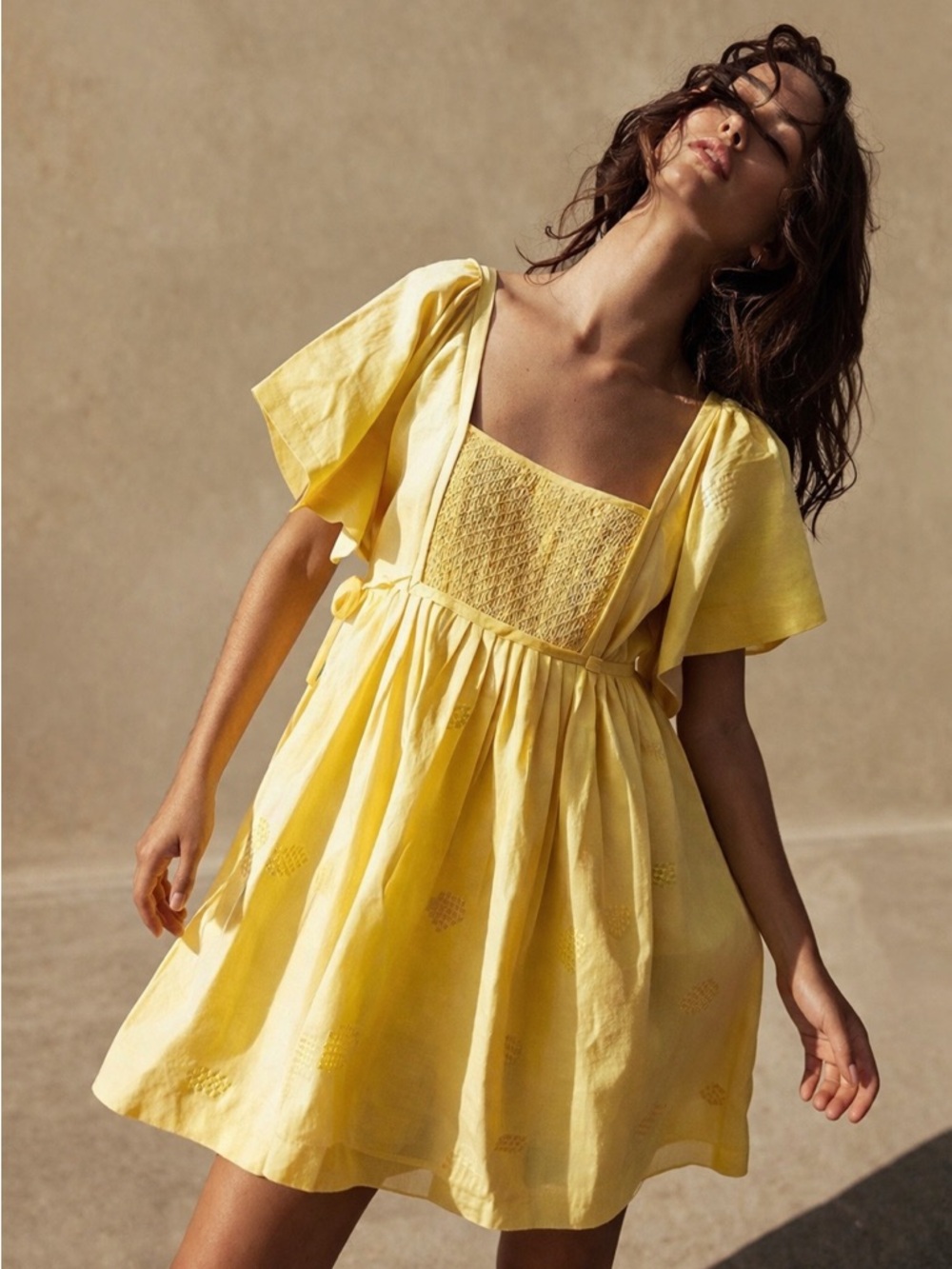 Innika Choo Smocked Babydoll Mini Dress in Yellow